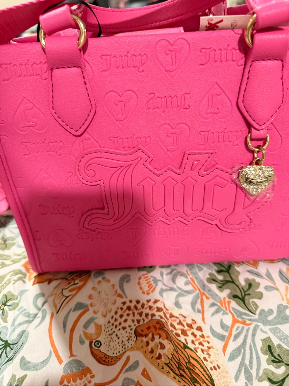 Juicy Couture Bright Hot Pink Embossed Satchel with Heart Charm